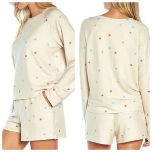 WildFox Oatmeal Hearts Print Sweatshirt and Short Lounge Co-Ord Sets
